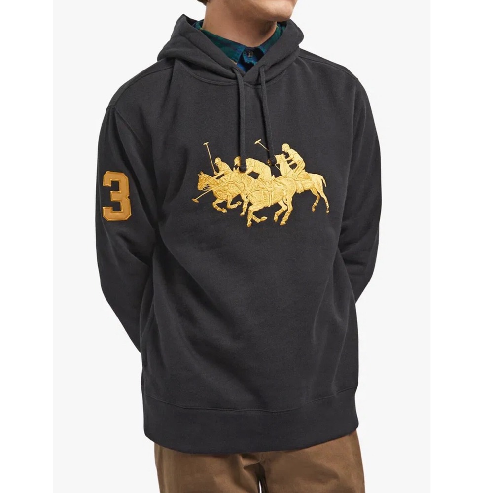 Polo Ralph Lauren Black Gold Triple-Pony Fleece Hoodie Plaid Lined Men's XXL